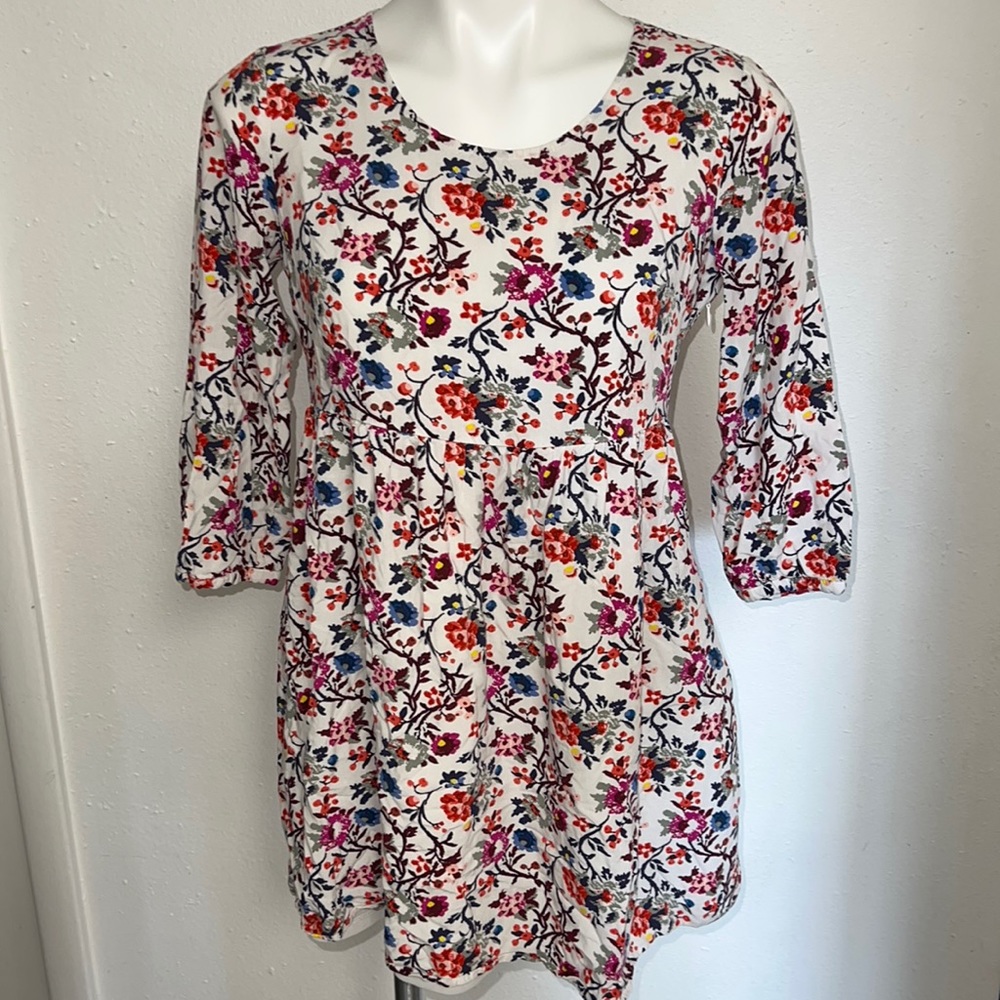 Old Navy Floral Babydoll Swing Dress White 3/4 Sleeve Relaxed Fit